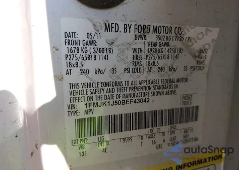 2011 Ford Expedition El Xlt from USA, damaged, VIN 1FMJK1J50BEF43042